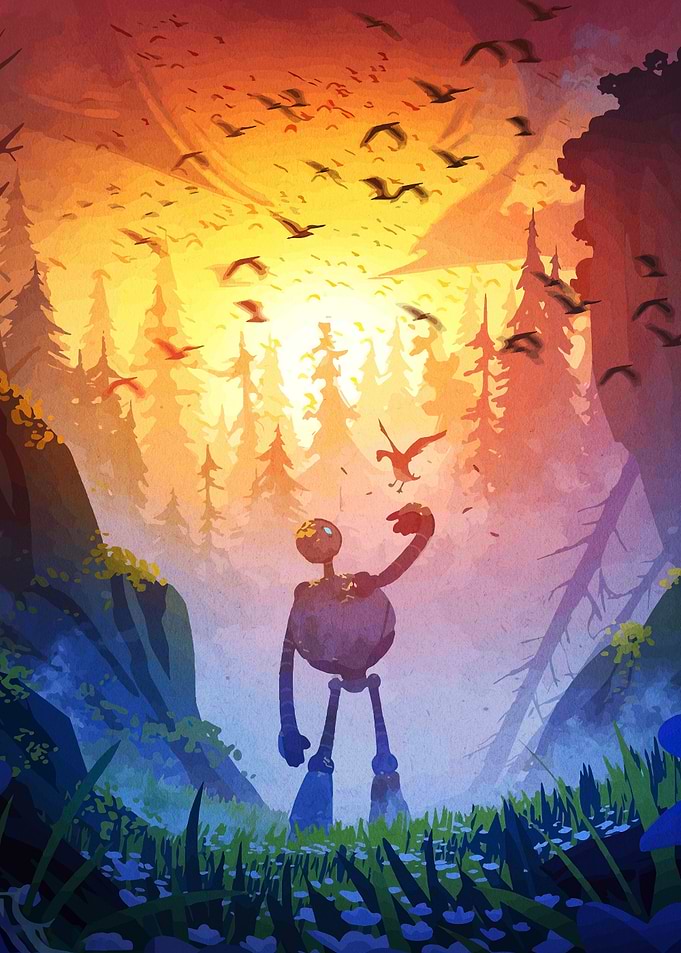 Robot and Birds in Forest Landscape