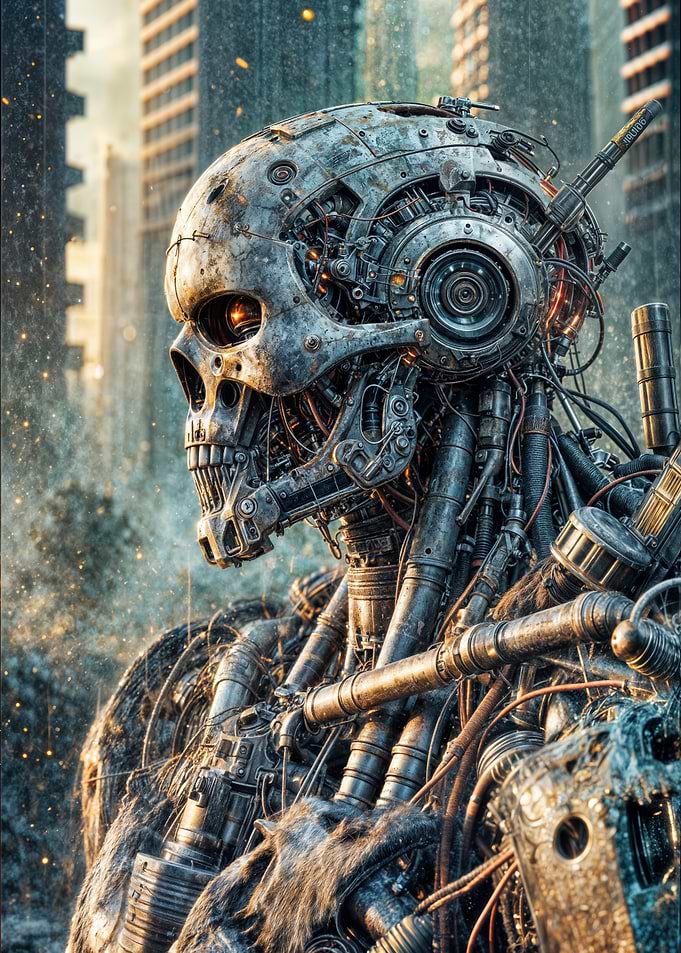 Cybernetic Skull Robot in Urban Winter Setting