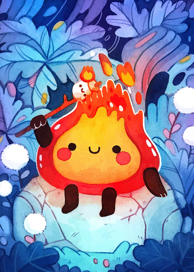 Cute Fire Character Roasting Marshmallow
