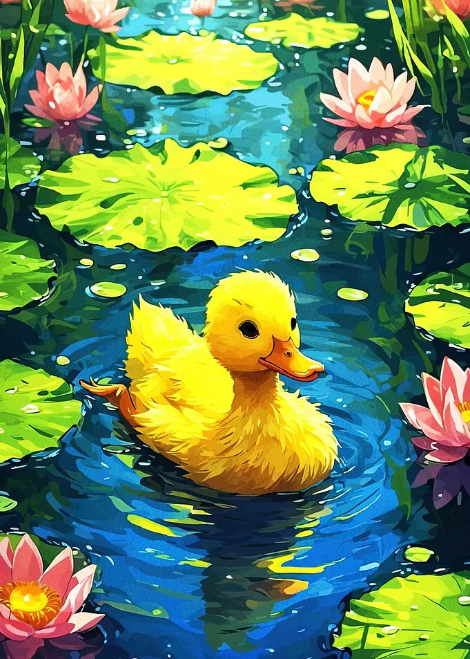 Duckling in Lily Pond