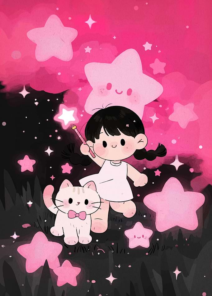 Cute Girl, Cat, and Stars Illustration