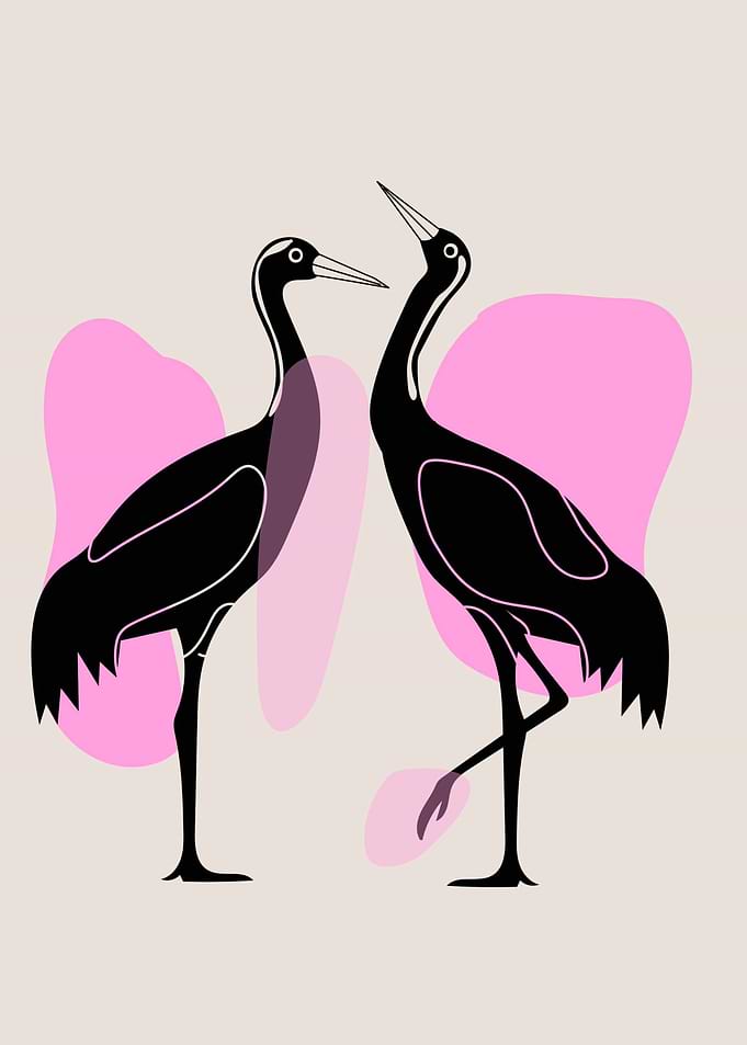Two Cranes with Pink Abstract Shapes