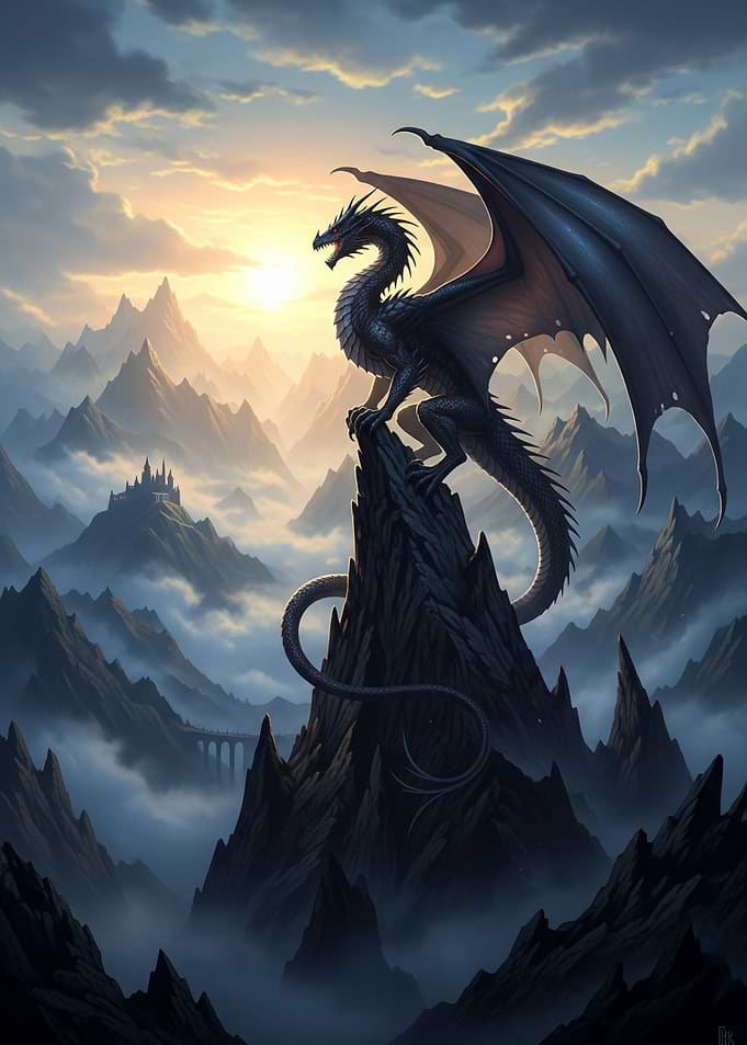 Majestic dragon perched on mountain peak at sunset