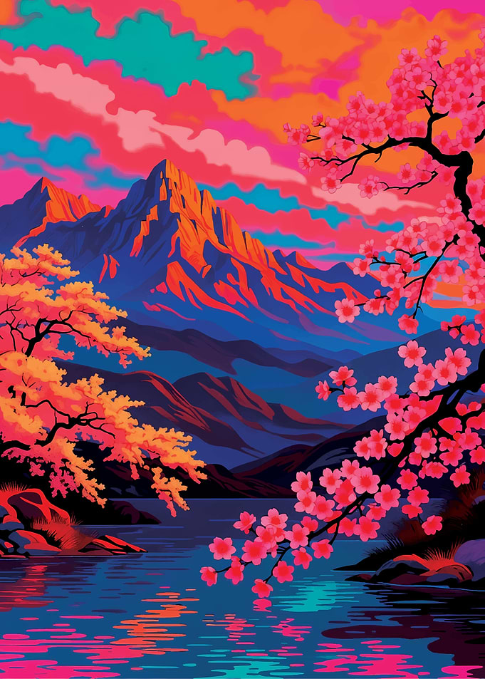 Vibrant Mountain Landscape with Cherry Blossoms