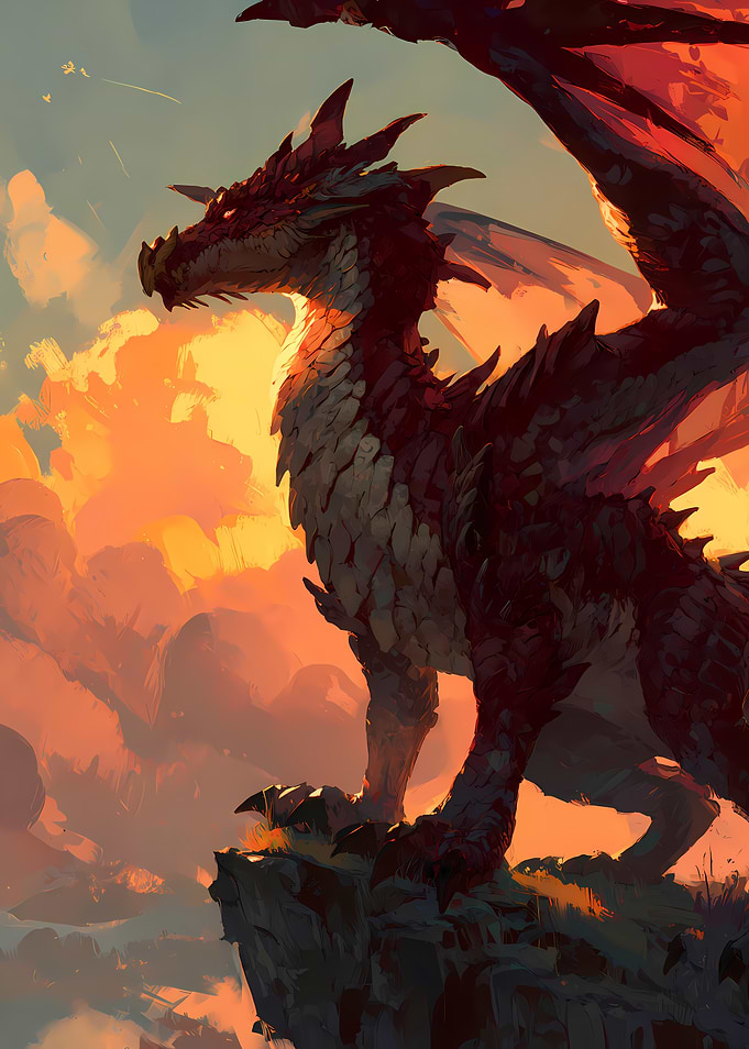 Red Dragon on Cliff at Sunset