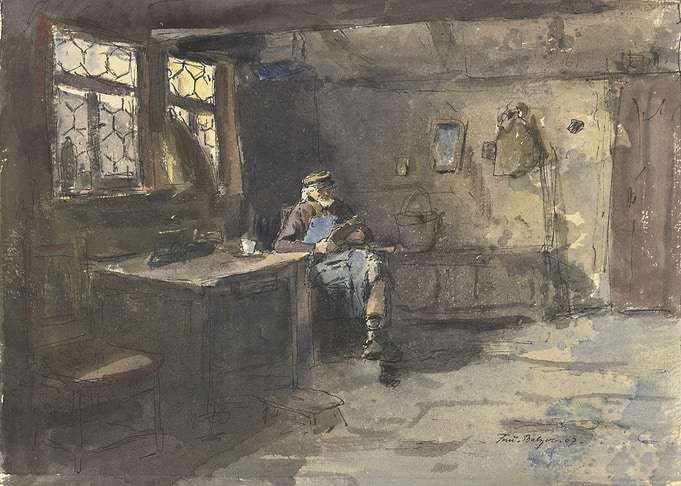Old man sitting in a simple living room reading