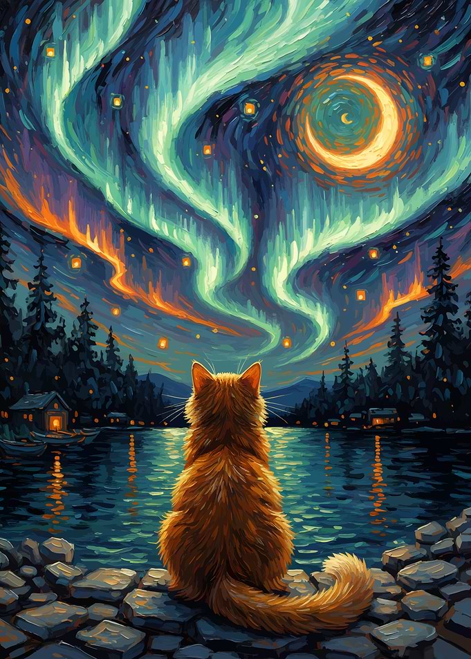 Cat Watching Aurora Borealis Painting