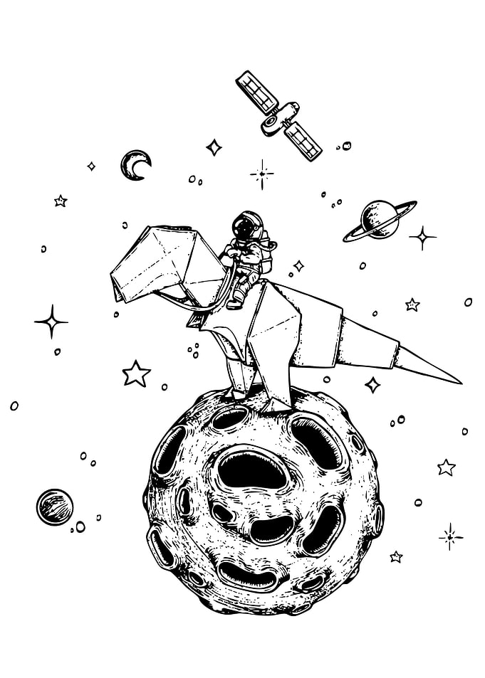 Astronaut riding origami dinosaur in space