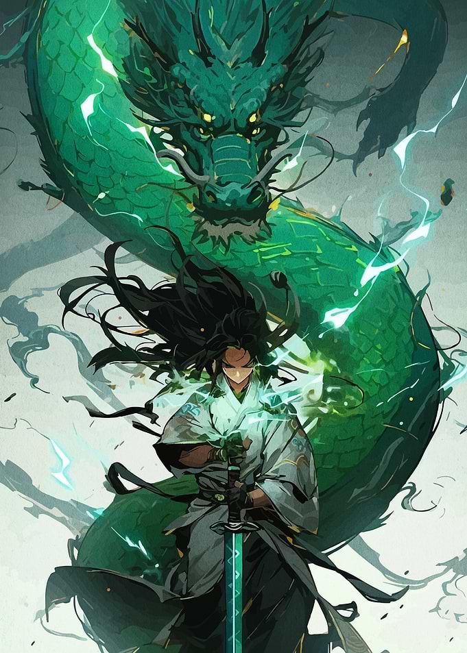 Samurai and Emerald Dragon Digital Art