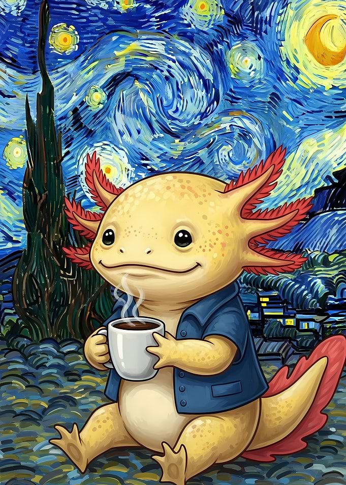 Axolotl Coffee Starry Night Painting