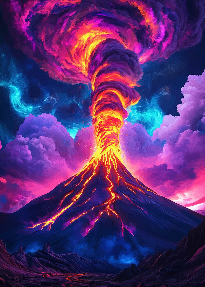 Erupting Volcano with Colorful Sky
