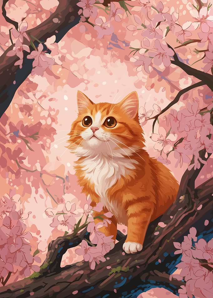 Cat in Cherry Blossom Tree