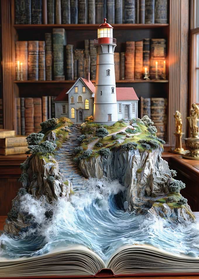 Lighthouse and Waves on Open Book