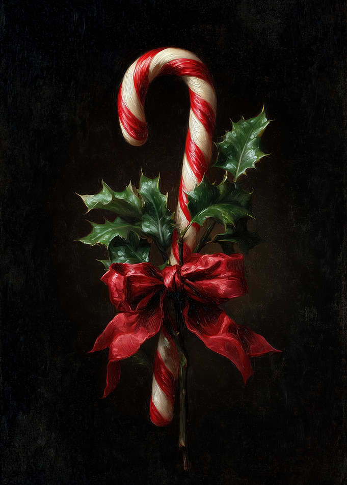 Candy Cane with Holly and Bow