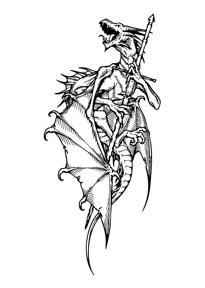 Dragon with Staff Black and White