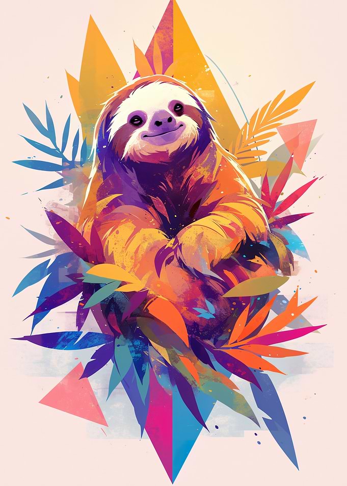 Colorful Sloth with Geometric Foliage