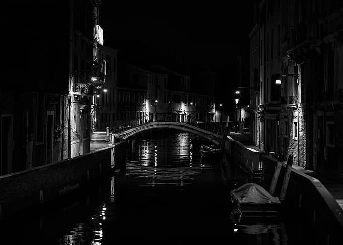 Venice at Night – Black and White Canal Photography