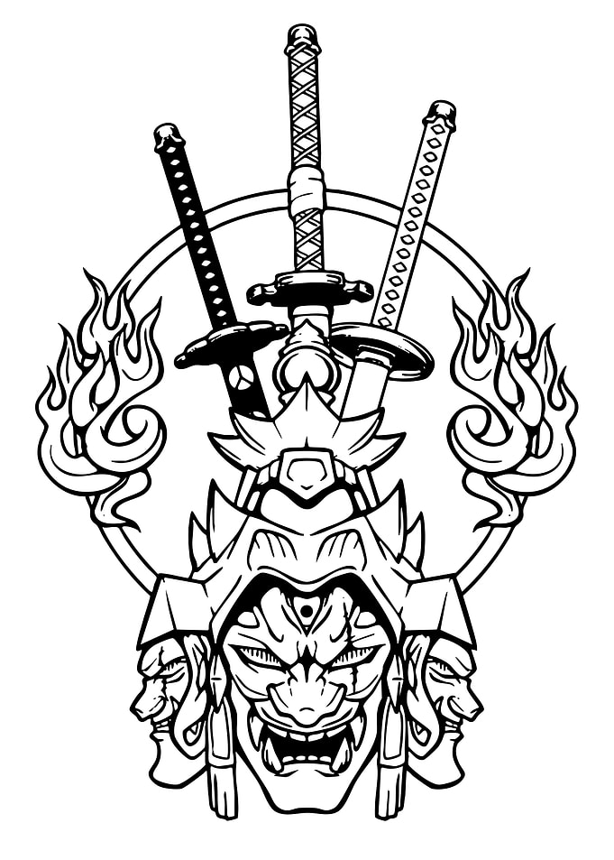 Samurai Mask with Swords and Flames