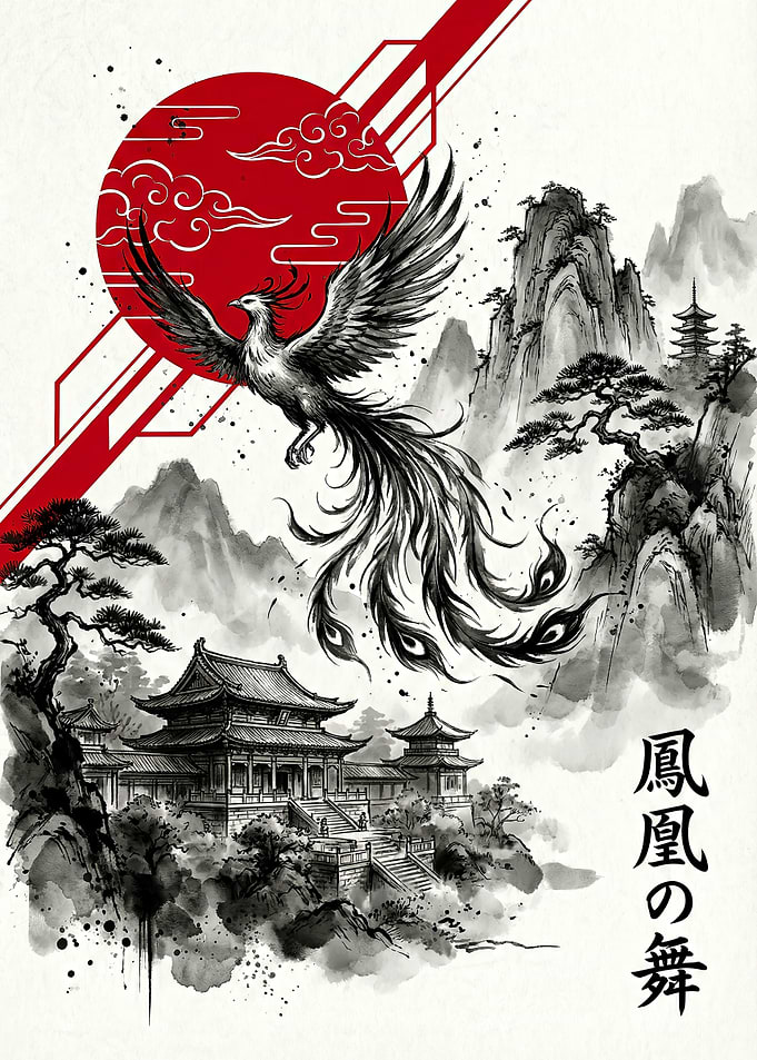 Phoenix Dance Japanese Ink Painting