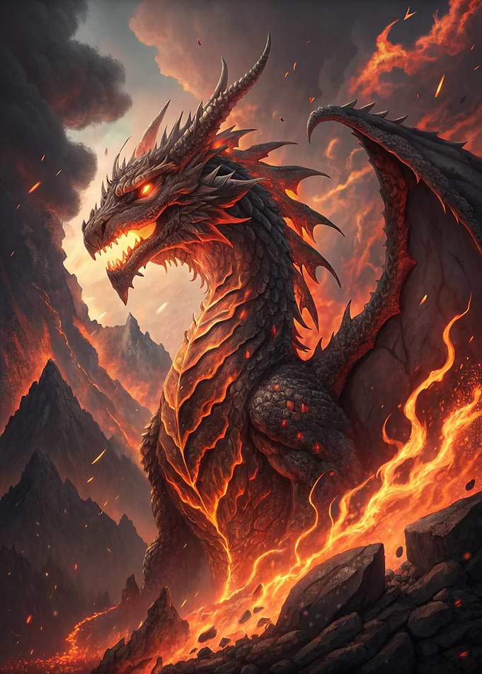 Fiery Dragon in Volcanic Landscape