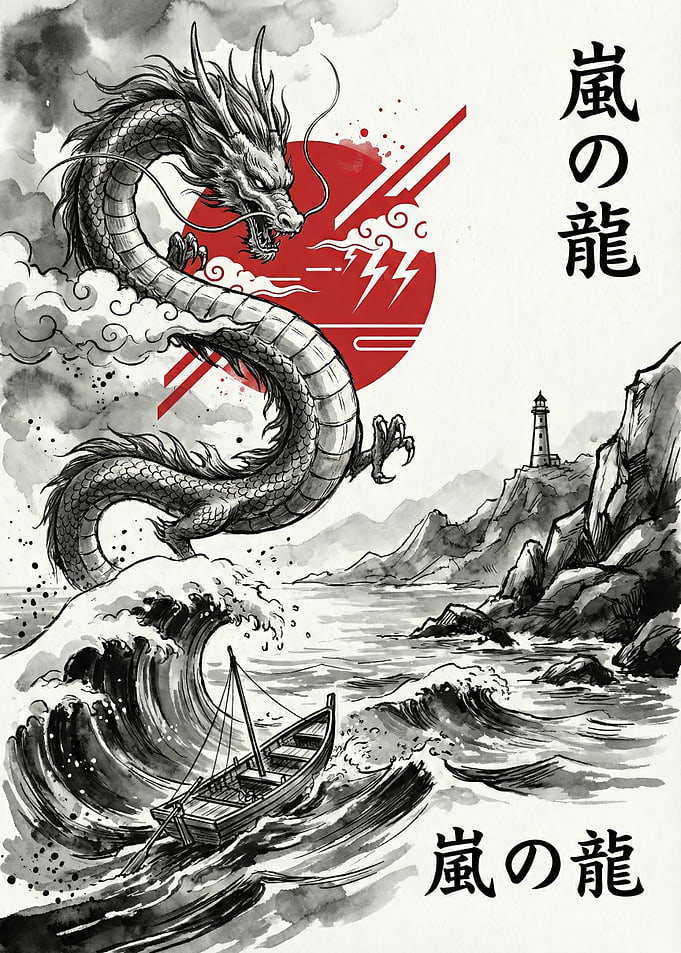 Dragon over the sea ink painting