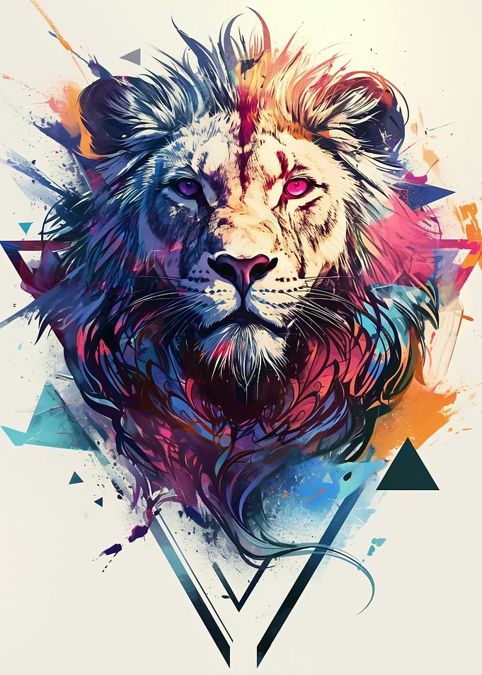 Colorful Lion Portrait with Geometric Accents