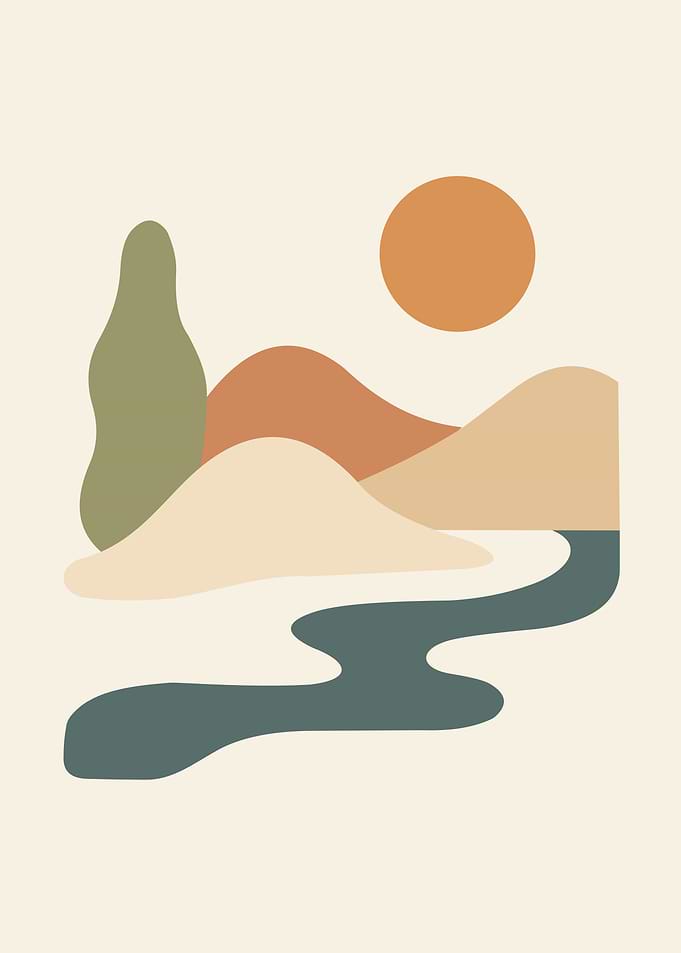 Minimalist Landscape with River and Sun