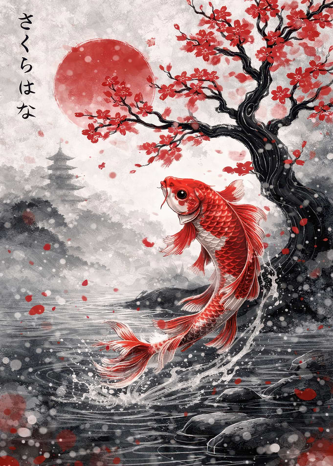 Koi Fish and Cherry Blossoms Art