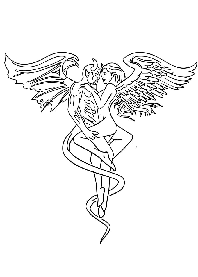 Angel and Devil Embrace Line Art