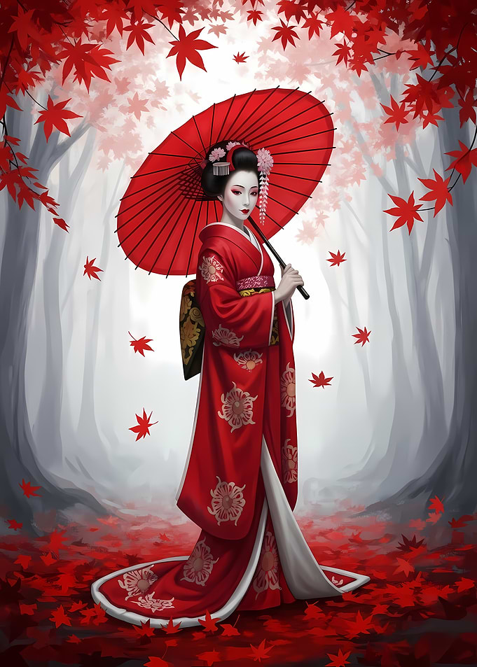 Geisha in Red Kimono with Umbrella