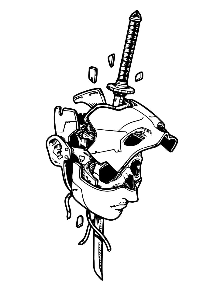 Cyborg Skull with Sword Illustration