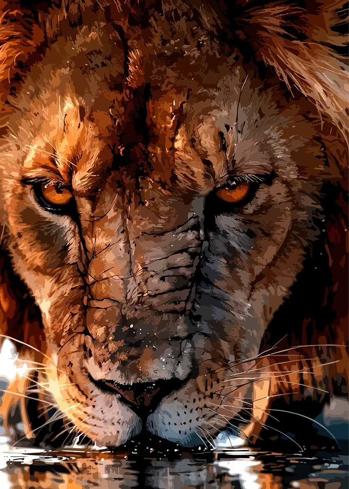 Lion drinking water close-up painting