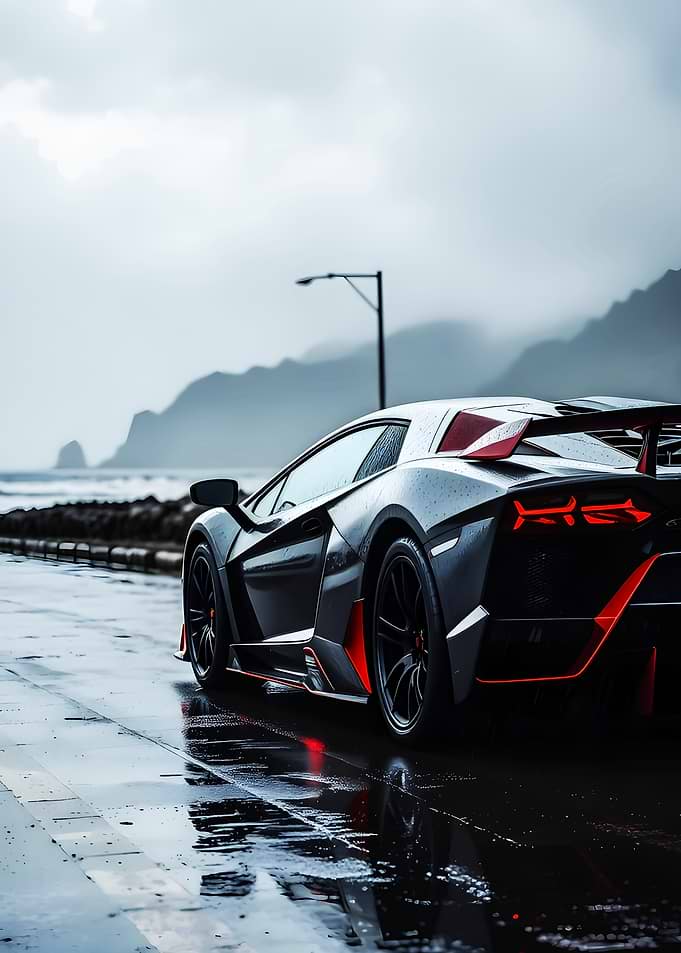 Sleek Sports Car on Wet Road