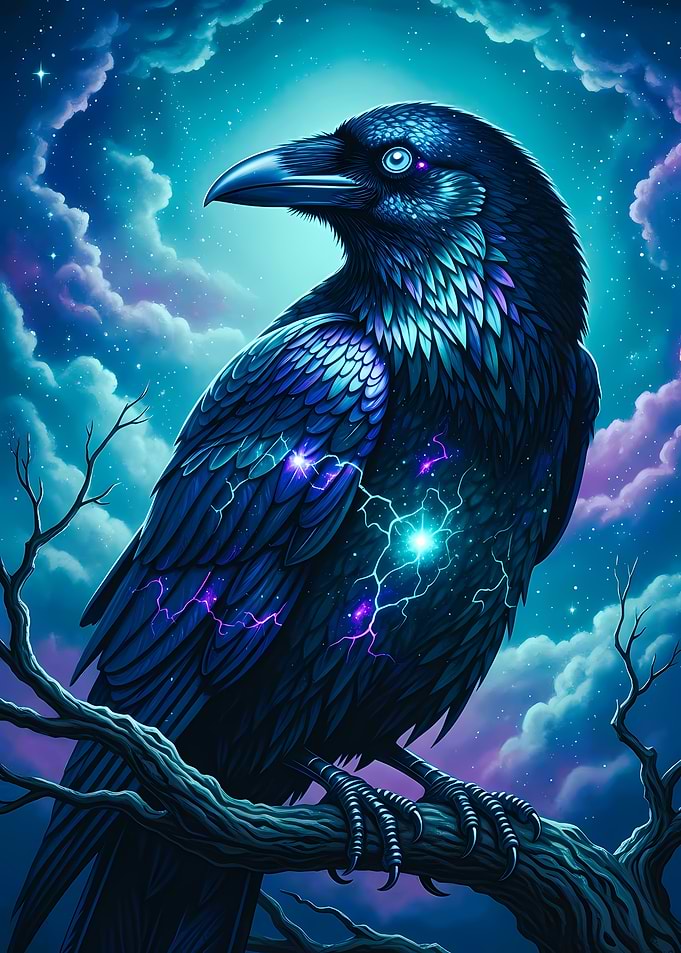Mystical Raven in Starry Night