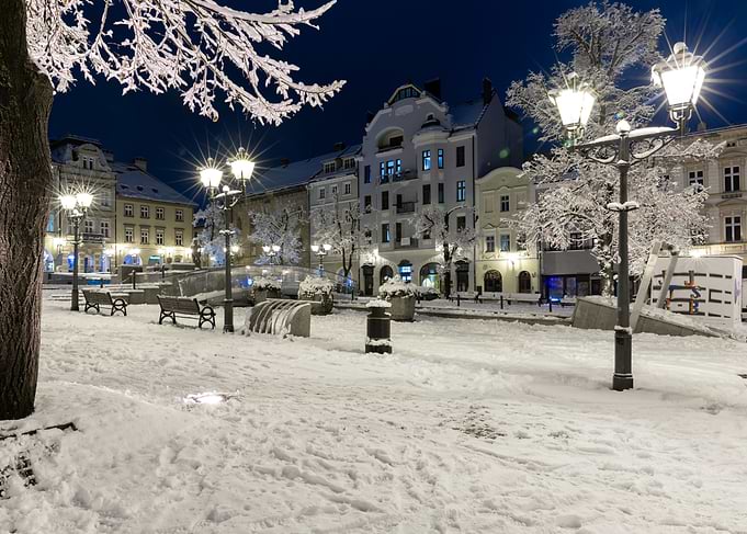 Winter Night in a Snowy Town Square, Bielsko Biala, Poland