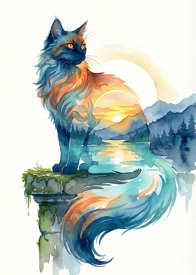 Watercolor Cat with Landscape Silhouette