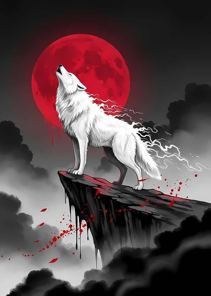 White Wolf Howling at Red Moon