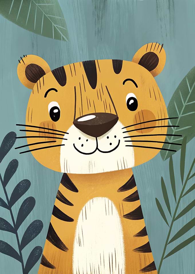Cute Cartoon Tiger with Jungle Leaves