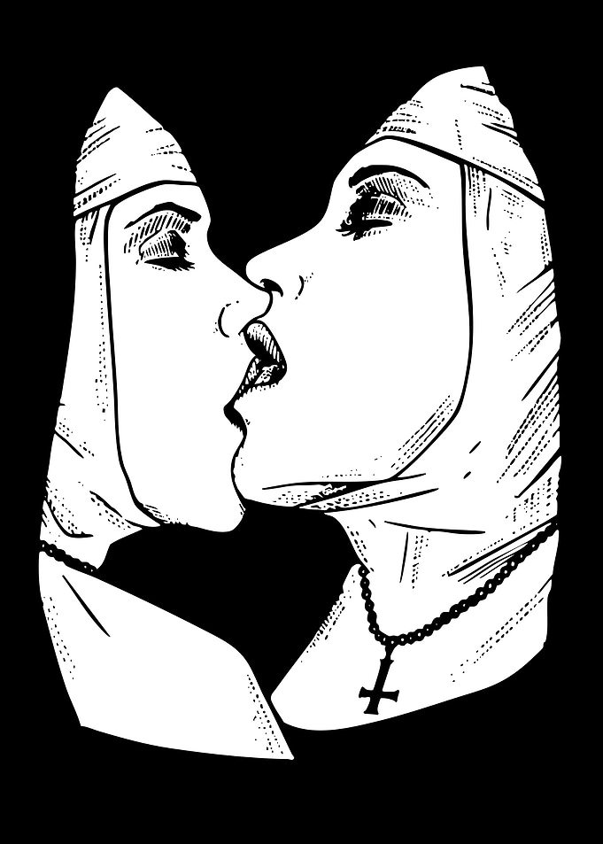 Kissing Nuns Black and White Art