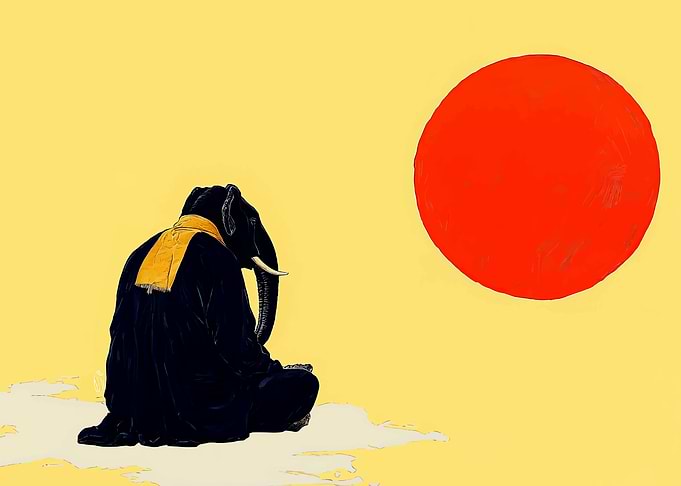 Meditating Elephant with Red Sun
