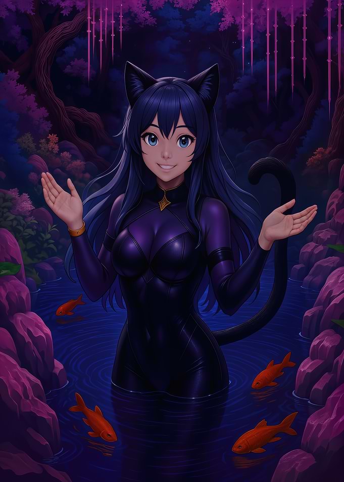 Anime Catgirl in a Magical Pond