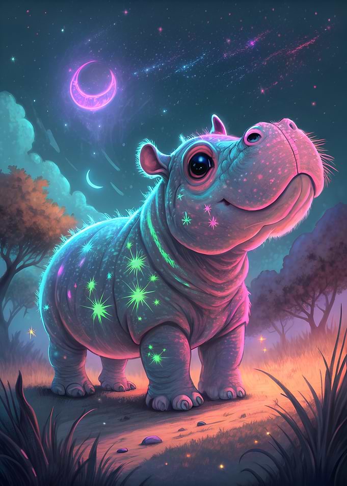 Neon Hippo Under Starry Night Sky