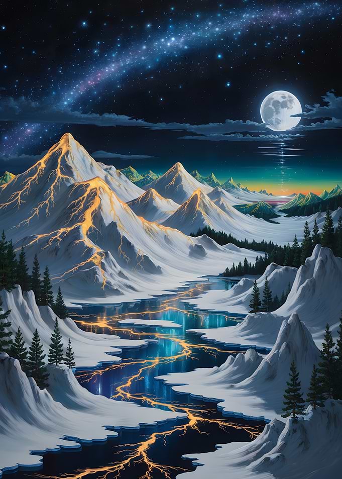 Snowy Mountains with River and Moon