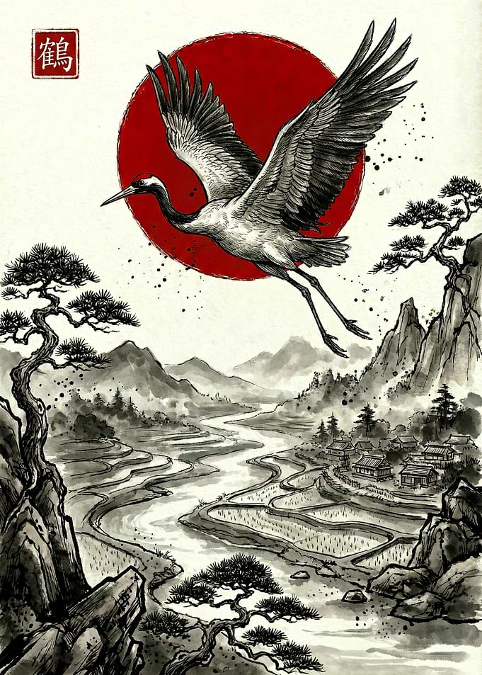 Japanese Crane Ink Landscape Art