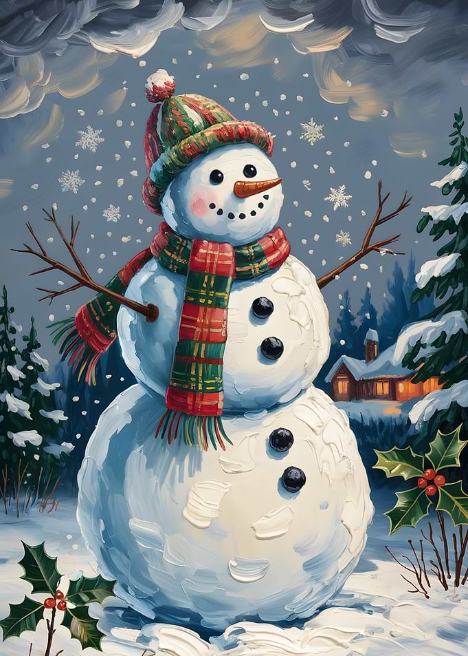 Festive Snowman in Winter Landscape Painting