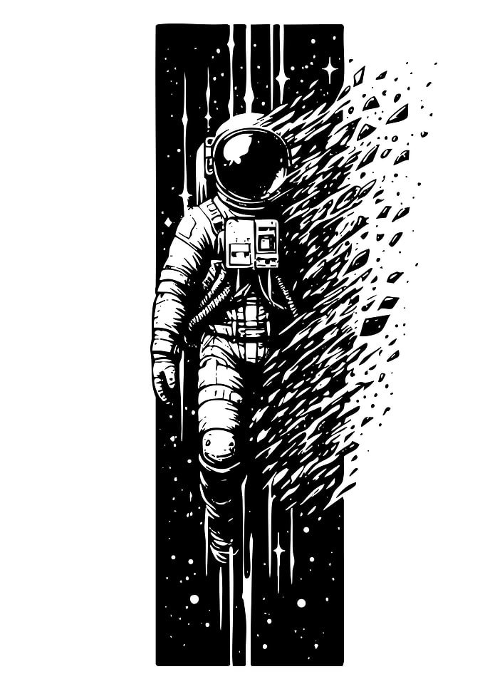 Astronaut disintegration in space, black and white