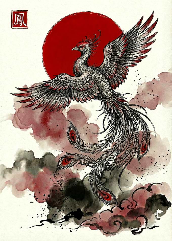 Phoenix Rising with Red Sun