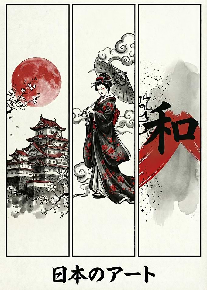 Japanese Art Triptych with Geisha and Castle