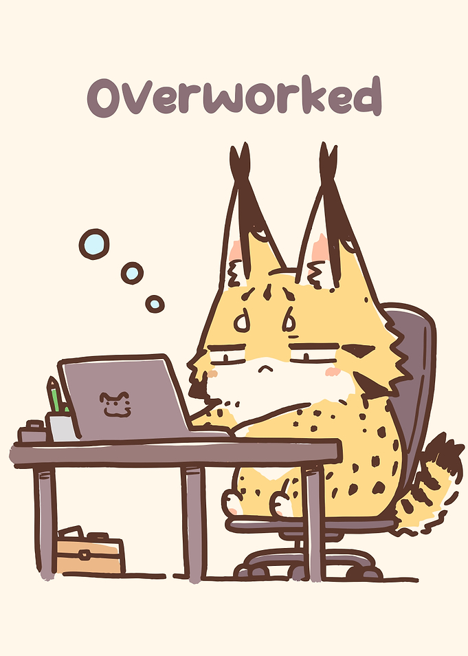 Overworked Cartoon Lynx at Desk