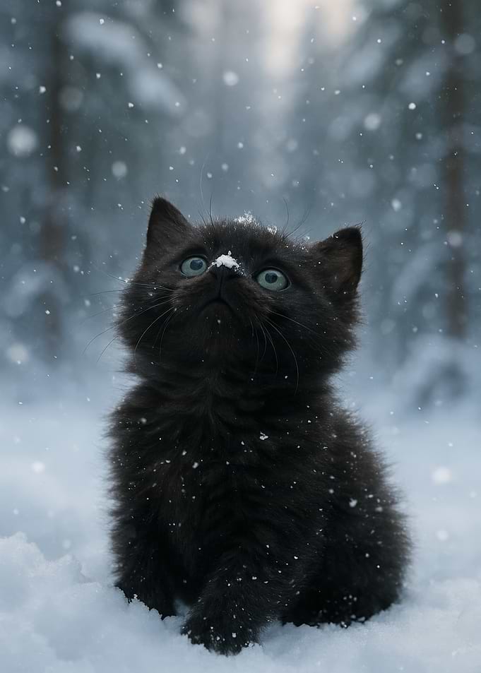 Black Kitten in Snowy Winter Forest